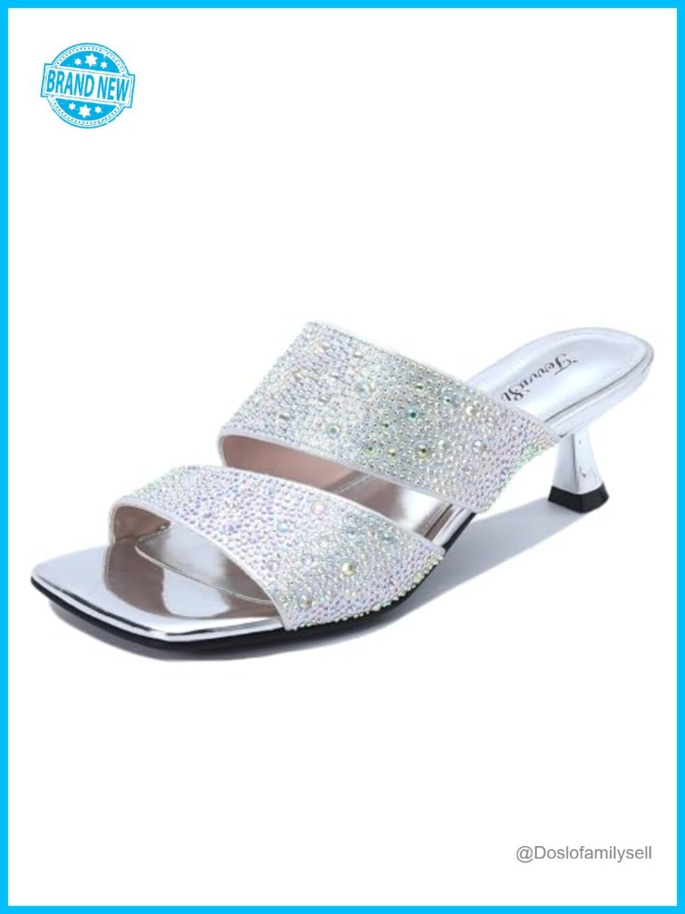 Rhinestone Kitten Heel Sandals Square Open Toe Double Strap Slides Party Wear